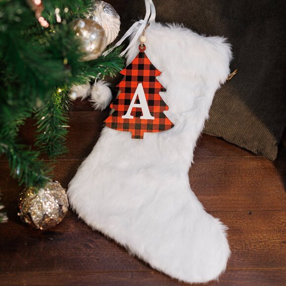 Christmas Stockings White Festive Fun Holiday Decor Personalized with Wood Tag - Picture 3 of 6